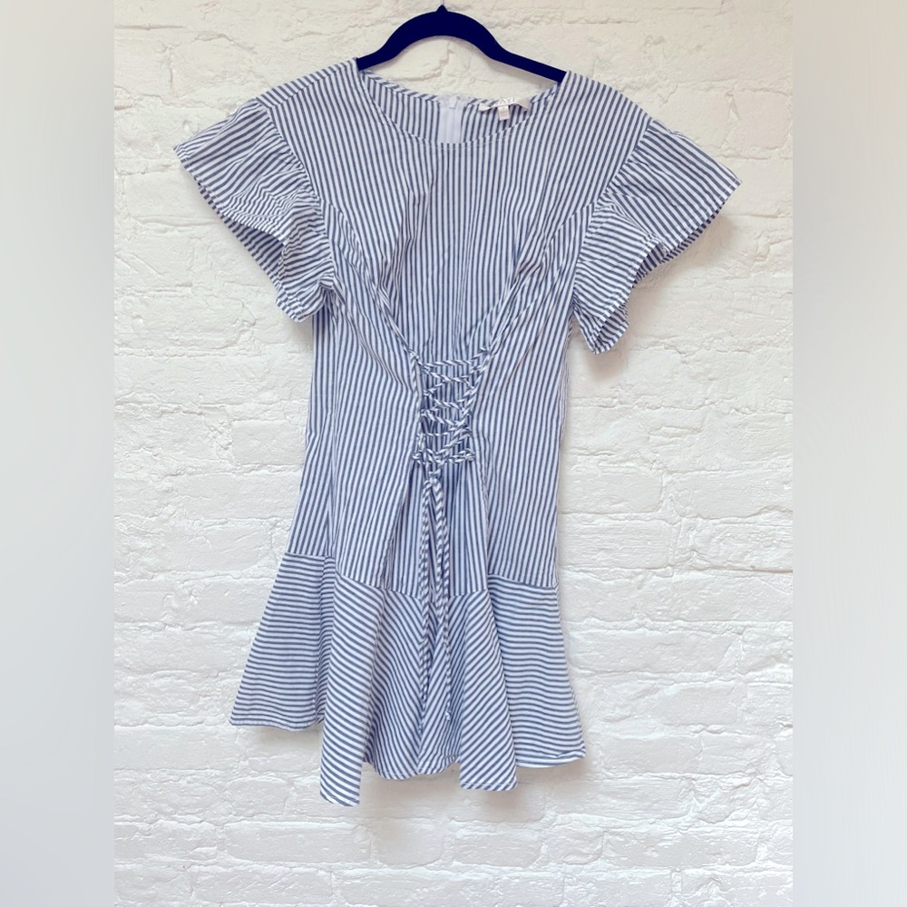 Striped blue dress with ruffle sleeve , fit and flare , small